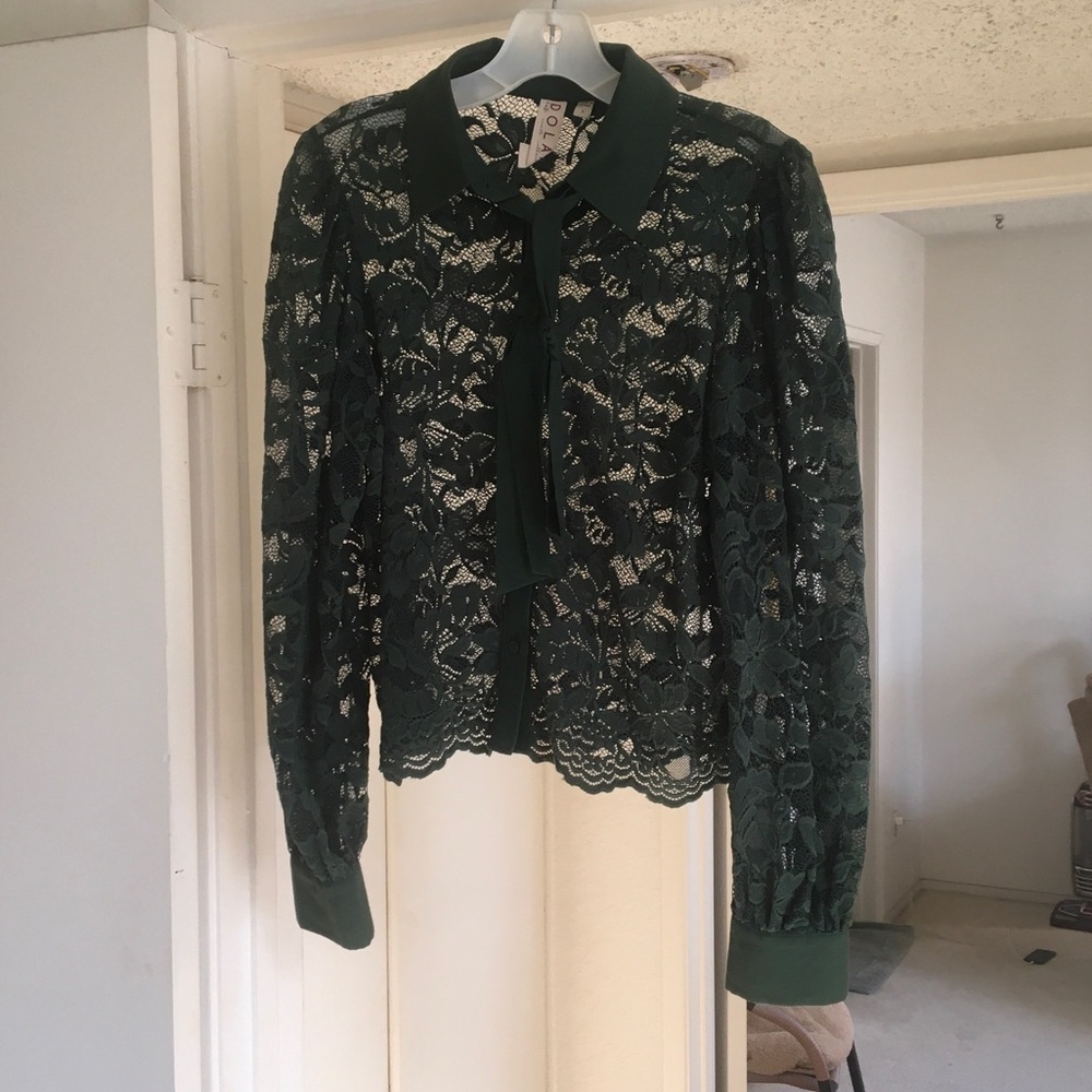 ANTHROPOLOGIE/“COASTAL VARSITY LACE”FOREST GREEN SHEER LACE BLOUSE/NEW